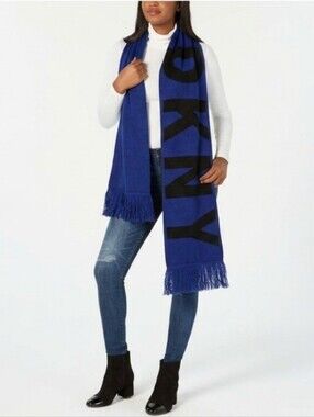 DKNY Womens BOLD Logo Fringe Scarf Wrap Black Blue One Size